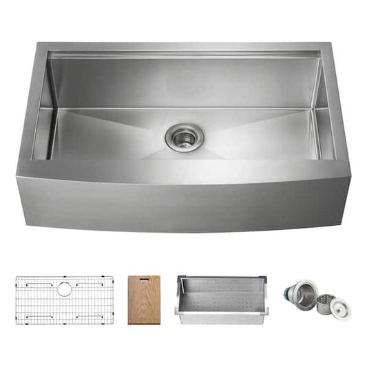 KIBI 36in. Farmhouse/Apron-Front Single Bowl 16-Gauge Satin Stainless Steel Kitchen Sink with Cutting Board Colander Strainer K1-SF36T