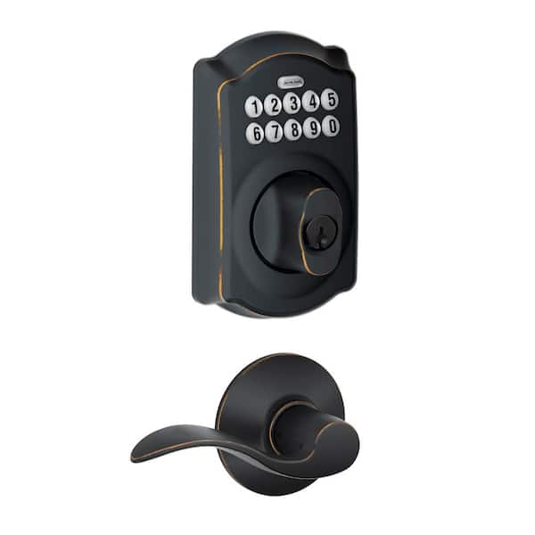 Schlage Camelot Aged Bronze Electronic Door Lock Deadbolt with Accent Door Handle FBE365 V CAM 716 ACC