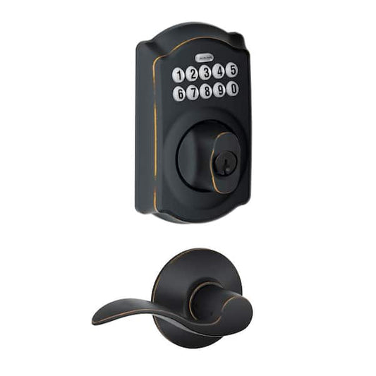 Schlage Camelot Aged Bronze Electronic Door Lock Deadbolt with Accent Door Handle FBE365 V CAM 716 ACC