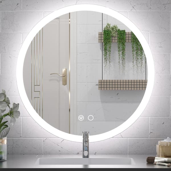 KeonJinn 24 in. W x 24 in. H Modern Round Frameless Anti-Fog Wall Mount LED Bathroom Vanity Mirror with 3-Colors Dimmable Lights hd-jz-ZGSSWR60
