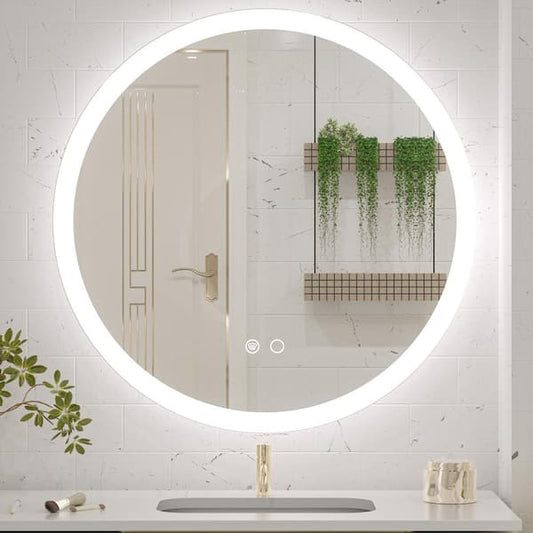 KeonJinn 36 in. W x 36 in. H Modern Round Frameless Anti-Fog Wall Mount LED Bathroom Vanity Mirror with 3-Colors Dimmable Lights hd-jz-ZGSSWR90