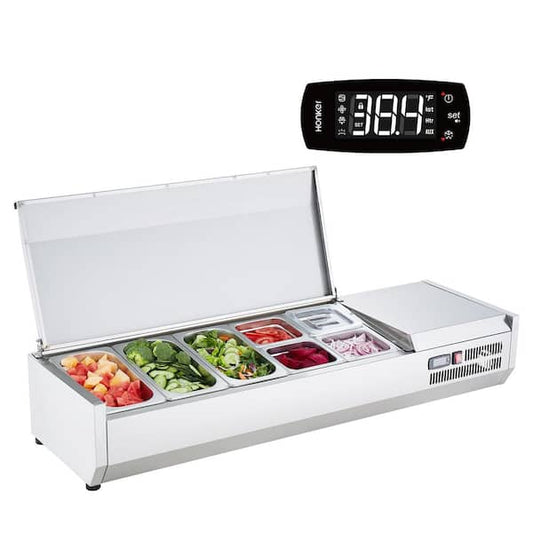 VEVOR Refrigerated Condiment Prep Station 140 Watt Countertop with 3 1/3 Pans & 4 1/6 Pans, 304 Stainless Body and PC Lid BXGZLZDWT55YJ0GPPV1