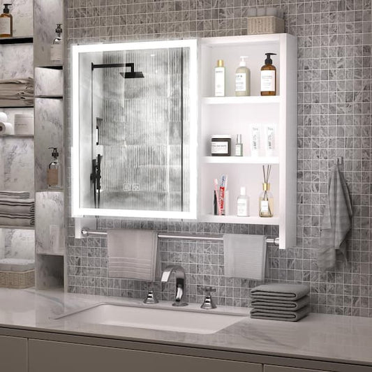 YSQCAR 32 in. W x 28 in. H Rectangular Metal Medicine Cabinet with Mirror and LED Light, Towel Rails in Silver YG-W2700P195640