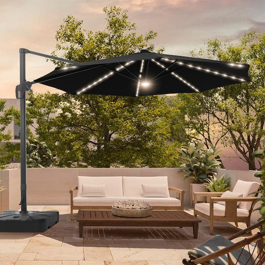 Sonkuki 11 ft. Round Solar LED Aluminum 360-Degree Rotation Cantilever Offset Outdoor Patio Umbrella with Base in Black R-BRELA-JC47BK