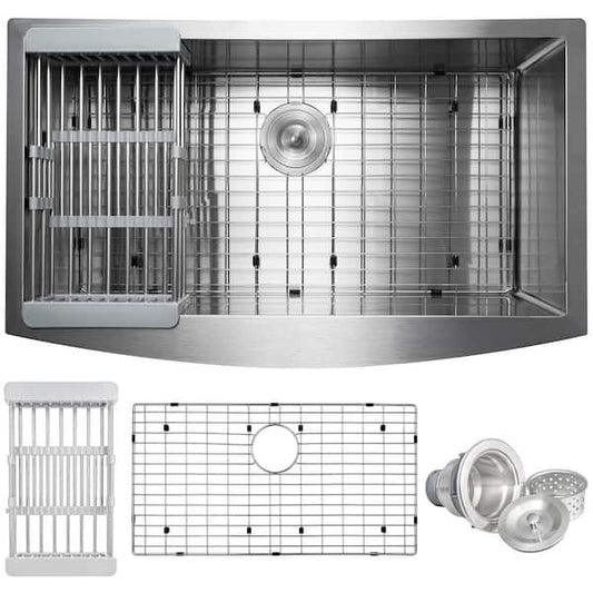 AKDY 33 in. x 20 in. Farmhouse Apron-Front Single Bowl 18-Gauge Brushed Stainless Steel Kitchen Sink with Accessories KS0310