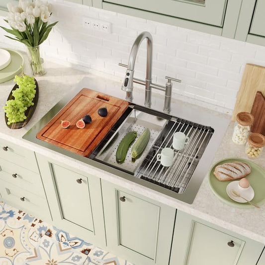 Boyel Living 33 in. Drop-In Single Bowl 18-Gauge Stainless Steel Kitchen Sink with Bottom Grid, Cutting Board and Strainer Basket BL-05-TS33SW