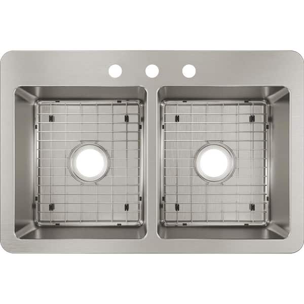 Elkay Avenue 33 in. Drop-In/Undermount Double Bowl 18-Gauge Stainless Steel Kitchen Sink w/ Accessories HDDBD33229TR3
