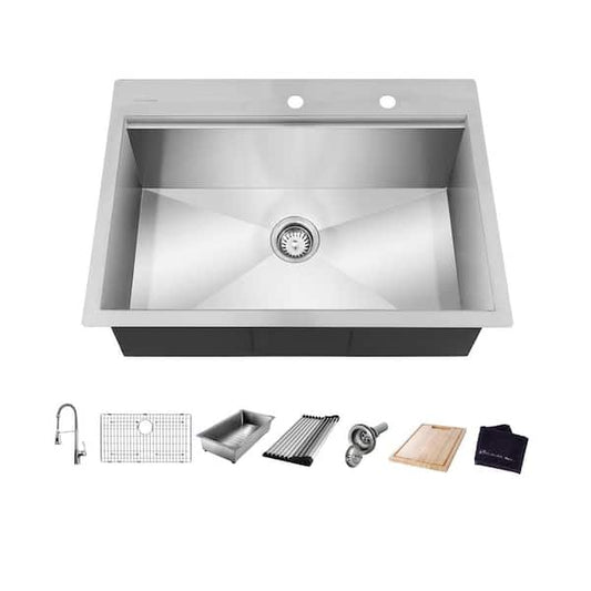 Glacier Bay Zero Radius 27 in. Drop-In Single Bowl 18 Gauge Stainless Steel Workstation Kitchen Sink with Spring Neck Faucet 4307F-2