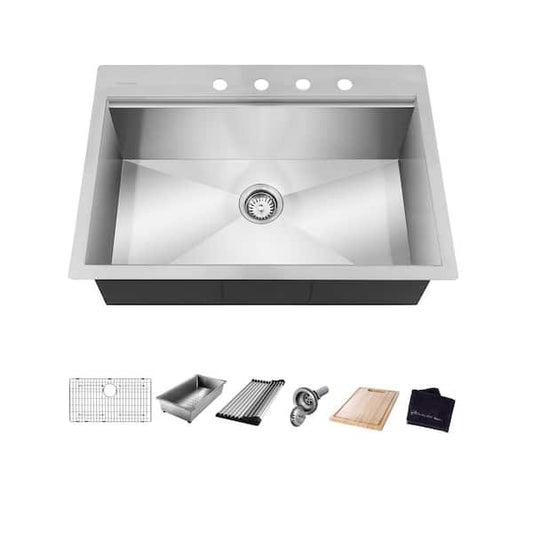 Glacier Bay Zero Radius 27 in. Drop-In Single Bowl 18 Gauge Stainless Steel Kitchen Sink with Accessories 4307F