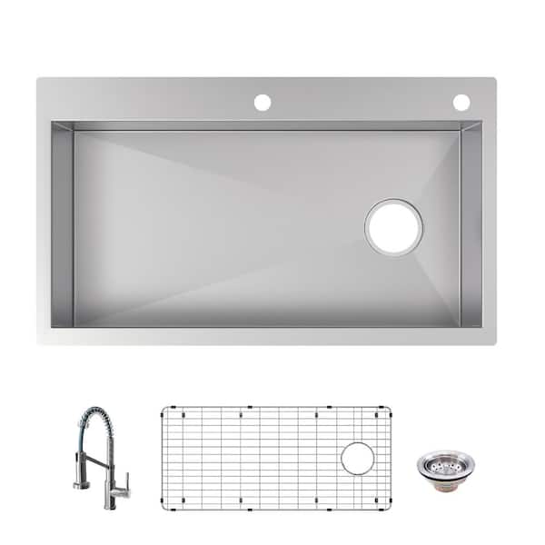 Glacier Bay Professional Zero Radius 36 in. Drop-In Single Bowl 16 Gauge Stainless Steel Kitchen Sink with Spring Neck Faucet FSDZ3622A1SA1