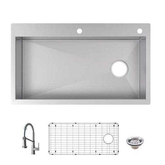 Glacier Bay Professional Zero Radius 36 in. Drop-In Single Bowl 16 Gauge Stainless Steel Kitchen Sink with Spring Neck Faucet FSDZ3622A1SA1
