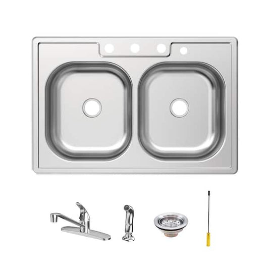 Glacier Bay 33 in. Drop-In 50/50 Double Bowl 20 Gauge Stainless Steel Kitchen Sink with Faucet VT3322A08SHA1-2