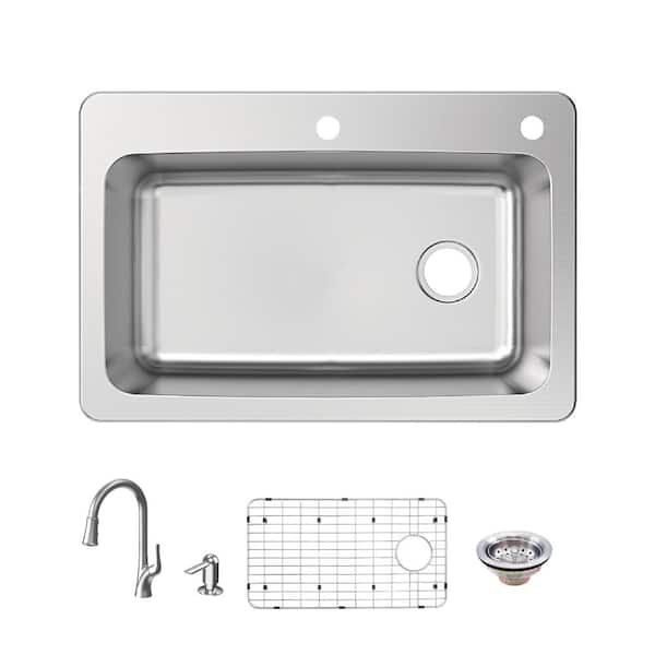 Glacier Bay 33 in. Drop-In Single Bowl 18 Gauge Stainless Steel Kitchen Sink with Pull-Down Faucet VT3322D1
