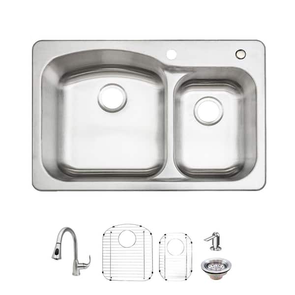 Glacier Bay 33 in. Drop-In 60/40 Double Bowl 18 Gauge Stainless Steel Kitchen Sink with Pull-Down Faucet VT3322G2