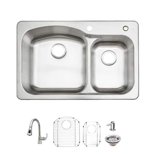 Glacier Bay 33 in. Drop-In 60/40 Double Bowl 18 Gauge Stainless Steel Kitchen Sink with Pull-Down Faucet VT3322G2