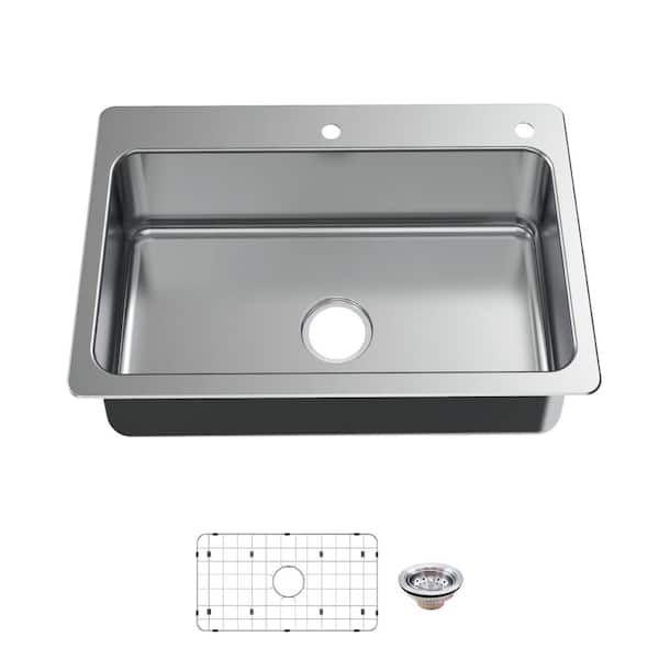Glacier Bay Bratten 33 in. Drop-In Single Bowl 18 Gauge Stainless Steel Kitchen Sink with Accessories VT3322TA1ACC