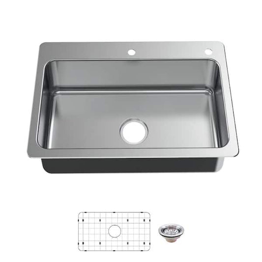 Glacier Bay Bratten 33 in. Drop-In Single Bowl 18 Gauge Stainless Steel Kitchen Sink with Accessories VT3322TA1ACC