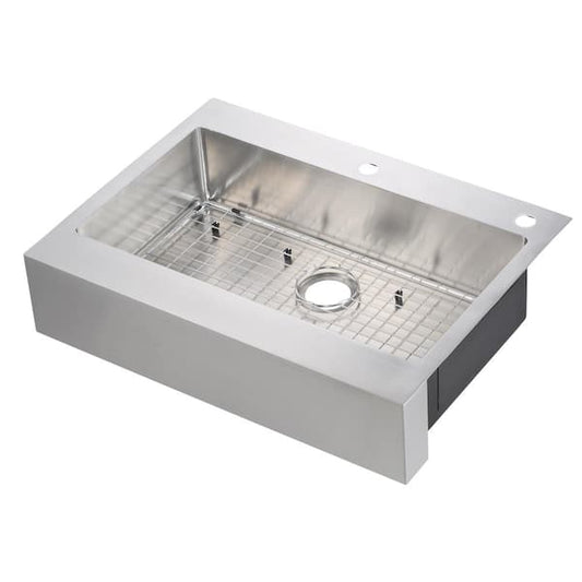 Glacier Bay Retrofit Drop-In/Undermount Stainless Steel 33 in. 2-Hole Single Bowl Flat Farmhouse Apron Front Kitchen Sink 302-7352