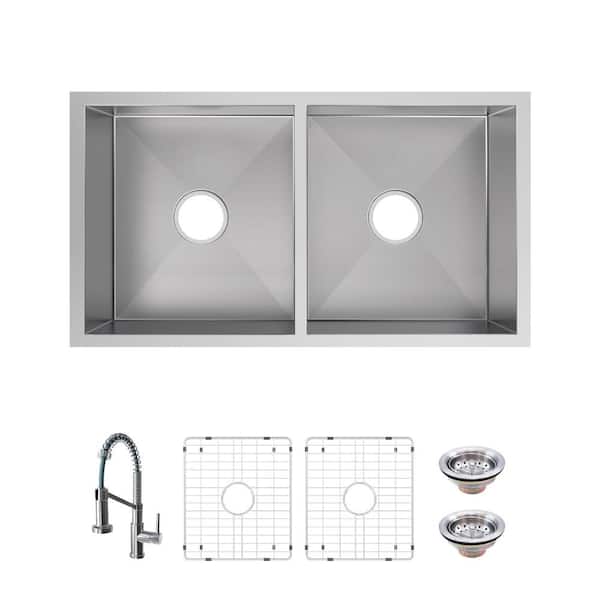 Glacier Bay Professional Zero Radius 32 in. Undermount Double Bowl 16 Gauge Stainless Steel Kitchen Sink with Spring Neck Faucet FSUZ3218C0-S-A1