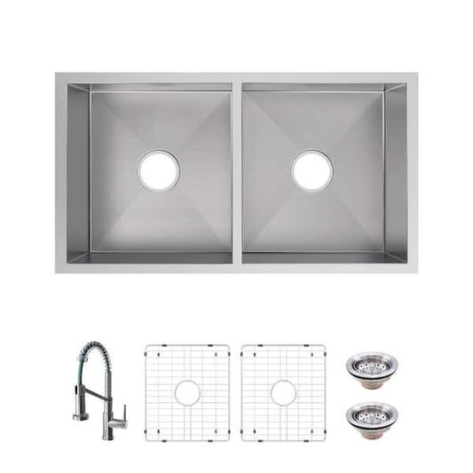 Glacier Bay Professional Zero Radius 32 in. Undermount Double Bowl 16 Gauge Stainless Steel Kitchen Sink with Spring Neck Faucet FSUZ3218C0-S-A1