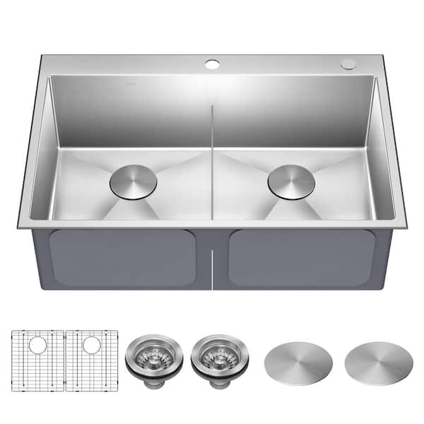 KRAUS Standart PRO 33in Drop In / Undermount 16 Gauge Double Bowl 2-Hole Stainless Steel Kitchen Sink KHT302-33