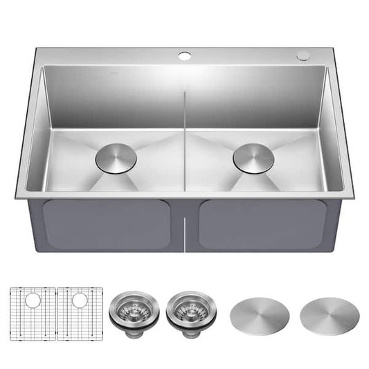 KRAUS Standart PRO 33in Drop In / Undermount 16 Gauge Double Bowl 2-Hole Stainless Steel Kitchen Sink KHT302-33