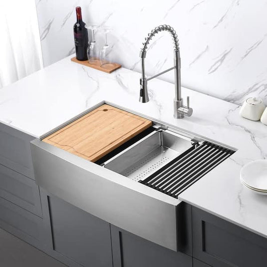 LUXIER Farmhouse Apron-Front 18-Gauge Stainless Steel 30 in. Single Bowl Workstation Kitchen Sink with Accessories CFS30-18Z