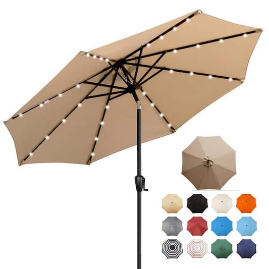 Sun-Ray 9 ft. Steel Market Solar Lighted 8-Rib Round Patio Umbrella in Taupe 841001
