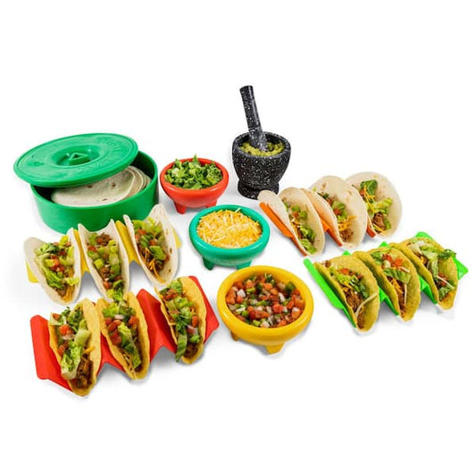 TACO TUESDAY Taco Kit with Tortilla Warmer, 3 Salsa Bowls, 4-Set Taco Shell Holders, Mortar and Pestle TTTK4