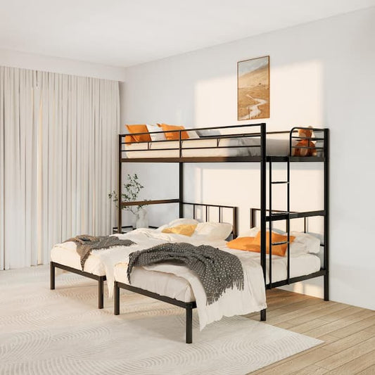 GODEER Detachable Black Twin Over Twin and Twin Metal Triple Bunk Bed with Comfortable Rungs, Heavy Duty, Easy to Assemble KB445554EEH