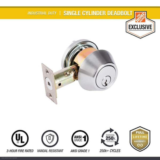Universal Hardware Industrial Duty Commercial Single Cylinder Deadbolt, UL 3-Hour Fire ANSI Grade 1, Satin Chrome Finish UH40055