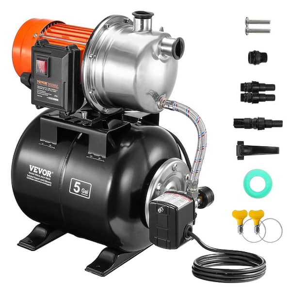 VEVOR 1.6HP Shallow Well Pump Automatic Irrigation Water Booster Pump with 5 Gal. Pressure Tank for Home Garden Lawn BXGGSJB16HP1A0DHKV1