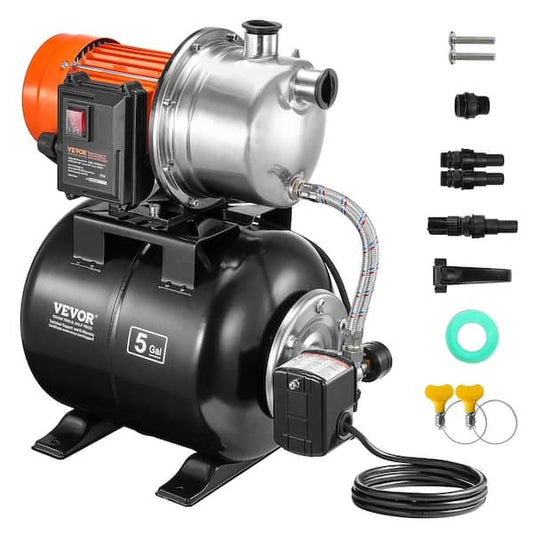 VEVOR 1.6HP Shallow Well Pump Automatic Irrigation Water Booster Pump with 5 Gal. Pressure Tank for Home Garden Lawn BXGGSJB16HP1A0DHKV1