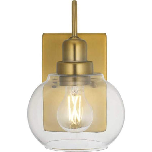 Home Decorators Collection Halyn 4.5 in. 1-Light Vintage Brass Indoor Wall Sconce with Clear Glass Shade 1018HDCVBDI