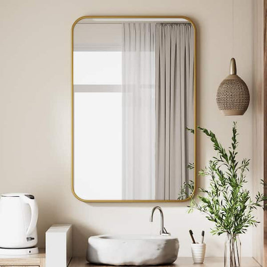 XRAMFY 26 in. W x 37.8 in. H Rectangular Aluminum Alloy Framed Rounded Modern Gold Wall Mirror BRTRC26378-GD