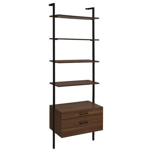Coaster Owens 96 in. Tall Walnut and Sandy Black Wood 5-Shelf Ladder Bookcase with Drawers 980074