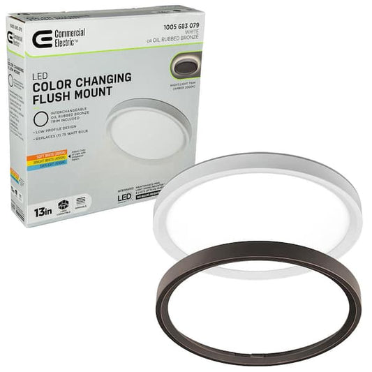Commercial Electric 13 in. White, Oil Rubbed Bronze Trims 1350 Lumens LED Flush Mount Ceiling Light Fixture with Night Light Adjustable CCT 56584112