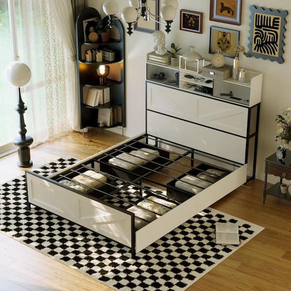 FUFU&GAGA Black, White Wood, Metal Frame Queen Size Panel Bed with 5-Open Shelves, 4-Hiden Drawrers, 8-Legs, LED Light L-THD-330136-01