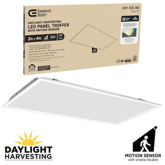 Commercial Electric 2 ft. x 4 ft. Daylight Harvesting LED Panel Light Troffer w/ Motion Sensor Adjustable CCT Lumens Watts 120-277V Dimmable 64209101