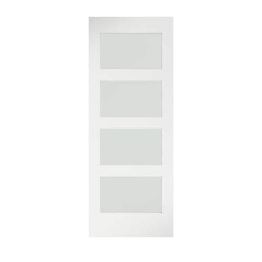 eightdoors 36 in. x 84 in. x 1-3/8 in. Frosted Glass 4-Lite Shaker Primed Solid Wood Core Interior Barn Door Slab 52088014843635FRSH