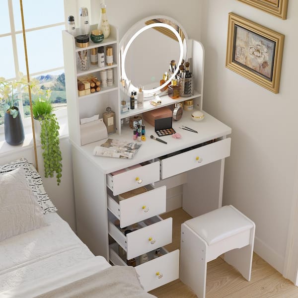 FUFU&GAGA 5-Drawers White Wood Makeup Vanity Set Dressing Desk W/ Stool, LED Round Mirror and Storage Shelves 52x 31.5x 15.7 in. WFKF210095-03