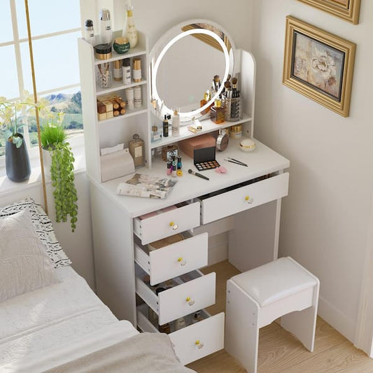 FUFU&GAGA 5-Drawers White Wood Makeup Vanity Set Dressing Desk W/ Stool, LED Round Mirror and Storage Shelves 52x 31.5x 15.7 in. WFKF210095-03