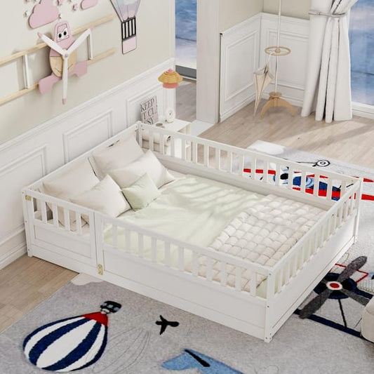 Harper & Bright Designs White Full Size Wood Frame Floor Bed, Platform Bed with High Security Fence and Door, Support Slats GCCPYYP164943FW