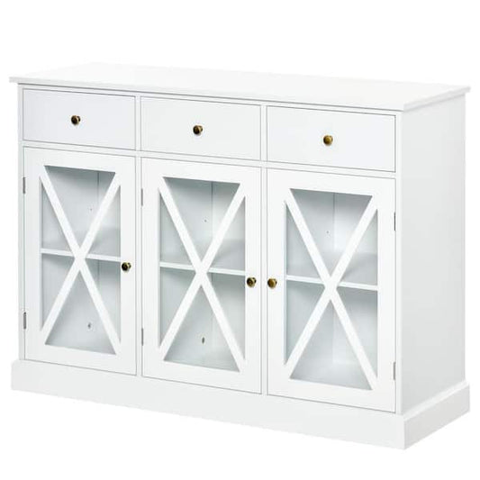 HOMCOM White Farmhouse Style Kitchen Sideboard Serving Buffet Storage Cabinet Cupboard with Glass Doors and 3-Drawers 835-386