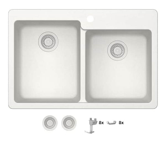 Glacier Bay Stonehaven 33 in. Drop-In 60/40 Double Bowl White Ice Granite Composite Kitchen Sink with White Strainer STHMDN175DM 07