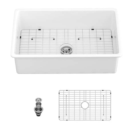 LORDEAR 32 in. Undermount Single Bowl Ceramic Kitchen Sink with Strainer and Bottom Grid LUC32R1