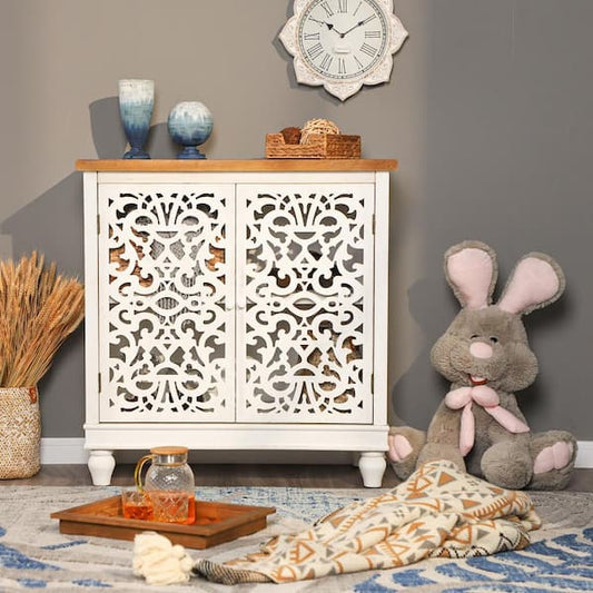 PHI VILLA 34.3 in. Hollow-Carved White Rustic 2-Door Distressed Accent Storage Cabinet THD-IF-403J