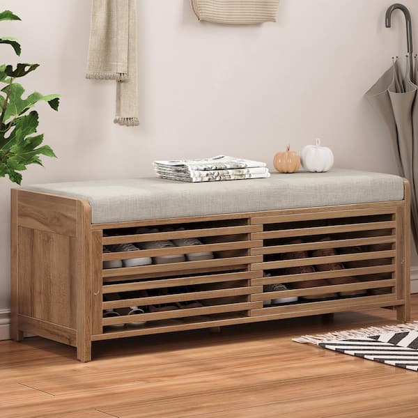 Harper & Bright Designs Whitewashed Acacia Veneer Living Room Storage Bench with Seat Cushion, 2 Shutter Doors and 3 Shelves 43.3 in. XW172AAN