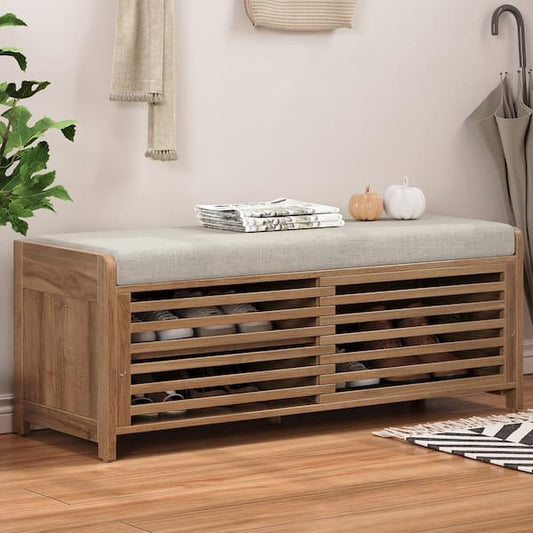 Harper & Bright Designs Whitewashed Acacia Veneer Living Room Storage Bench with Seat Cushion, 2 Shutter Doors and 3 Shelves 43.3 in. XW172AAN