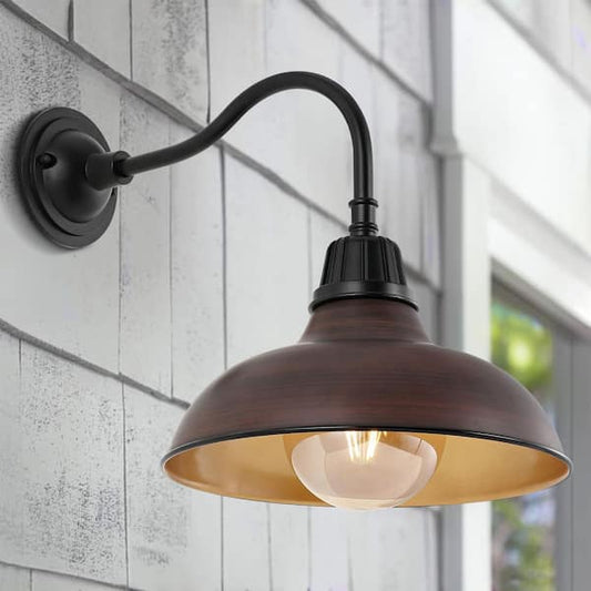 JONATHAN Y Aurora 12.25 in. Wood Finish/Copper 1-Light Farmhouse Industrial Indoor/Outdoor Iron LED Gooseneck Arm Outdoor Sconce JYL7613G